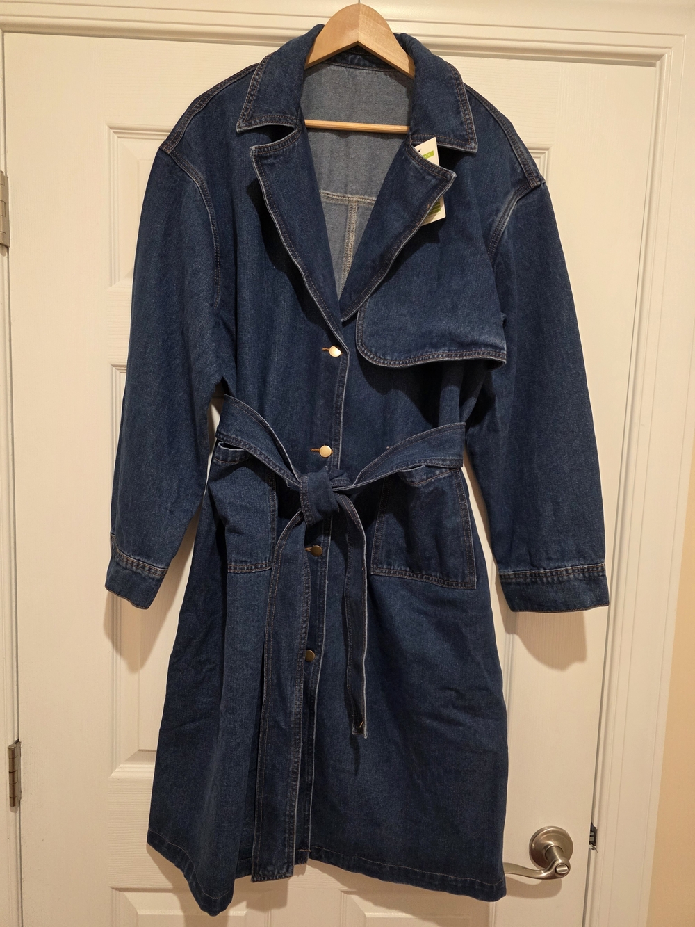 Women's Dark Blue Denim Trench Coat with Tie Belt